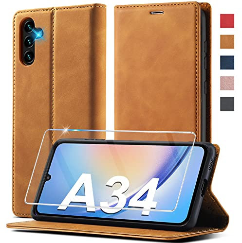 Samsung Galaxy A34 5G Hülle Mit Schutzfolie - Klappbare Leder Wallet Case, Stoßfeste Flip Schutzhülle