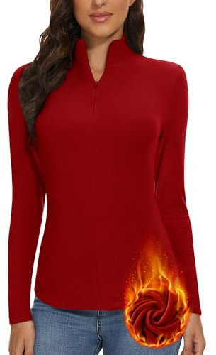 WOWENY Damen Thermo Langarmshirt 1/4 Reißverschluss Fleece Gefüttert Oberteil Stehkragen Pullover Half Zip Sweatshirt Warm Langarm Tops dunkelrot,M