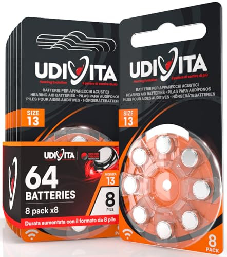 64 Hearing Aid Batteries Size 13 Udivita (Orange) PR48 Zinc-Air with Phono Pulse Technology - 8 Blisters of 8 Batteries