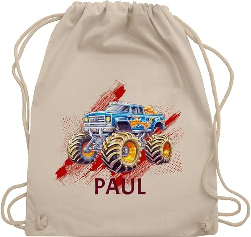 Turnbeutel Rucksack - Auto - Monstertruck mit Name | Monster Truck Personalisiert | Riesentruck - Unisize - Naturweiß - kinder kindergarten wechselbeutel cars automotiv stoffbeutel junge