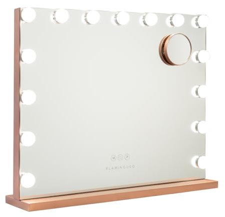 Flamingueo Schminkspiegel mit Beleuchtung - 15 LED - 3 Modi - Einstellbare Intensität - Touch Control - USB Port - Vergrößerungsspiegel Inklusive - Kosmetikspiegel - Rose Gold - 58x12x48cm