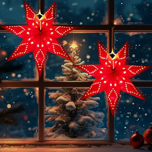 2 Stück Papierstern Lampenschirm, LED Papierstern Beleuchtet zum Aufhängen, LED Weihnachtssterne Beleuchteter, für Hochzeit,Geburtstag,Weihnachten,Festival,Party Dekoration (Rot, 35cm)