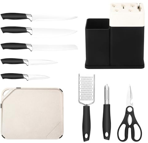Knife Set with Block, 10 Pieces with Built-in Sharpener, Scissors, Peeler, Grater, Chopping Board - Dishwasher Safe, Rust-Resistant, Stainless Steel, Essential Cooking Tools
