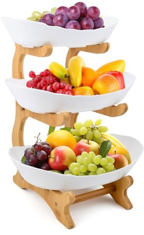 YOPEUC Etagere 3 Etagen, Obst Etagere 3 Stöckig Obstschale, Weiß Kunststoffe Obstkorb Etagere 3 Stöckig mit Natürlichem Bambus Ständer Servierteller für Obst, Kuchen, Süßigkeiten