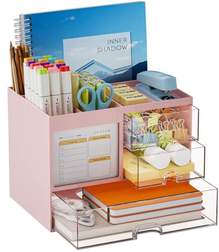 Marbrasse Organizer Scrivania con 3 Cassetti,4 Scomparti Portapenne per Ufficio, Casa e Scuola, Grande Capacità(Rosa)