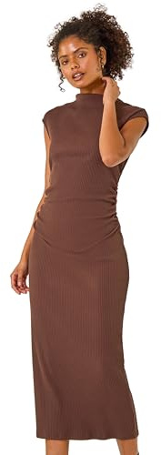 Dusk Fashion Ribbed Ruched Waist Midi Dress for Women UK - Ladies Everyday Autumn Winter High Neckline Comfy Soft Evening Vacation Work Party Night Out - Chocolate - Size 12