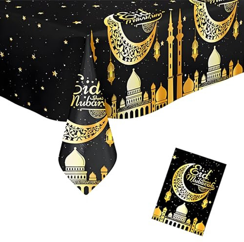 Ramadan tischdecke schwarz , 137 x 274cm tischläufer Ramadan deko , tischdecke wasserdicht , Mond und Stern deko plastiktischdecke ,Geeignet für Eid Mubarak , Ramadan tischdeko