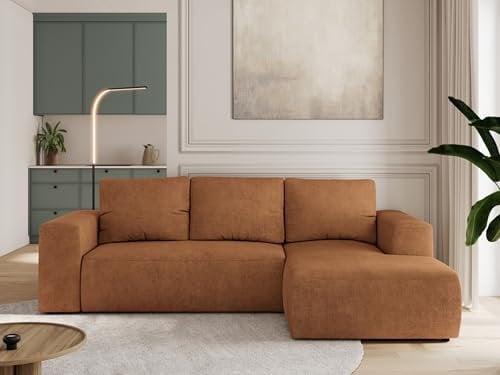 MKS MEBLE Sofa mit Schlaffunktion - Ecksofa mit Schlaffunktion und Bettkasten - Sofa 3 Sitzer - Schlafsofa - Couch - Schlafsofa mit Bettkasten - Trentino L - Orange Stukture - Rechts