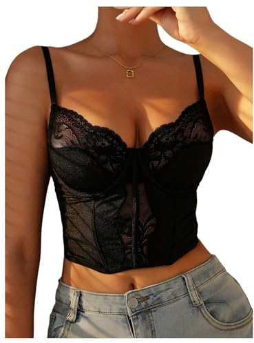 GORGLITTER Women's Floral Lace Bustier Corset Cropped Tops Sheer Scalloped Sexy Party Tops Black Small