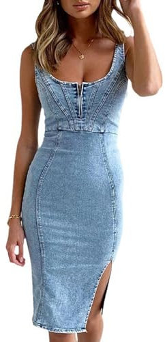 PNZLZIA Sexy, schmal geschnittenes, ärmelloses Jeanskleid für Damen, ärmelloses, figurbetontes Midi-Jeanskleid mit U-Ausschnitt und seitlichem Schlitz (Blue,L)