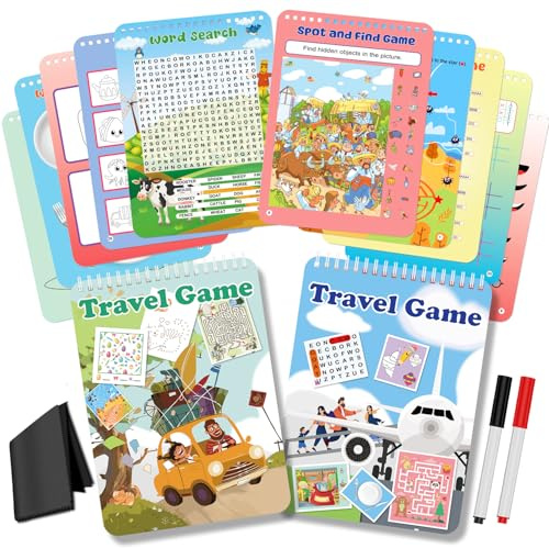 Elfew 2 Pack Travel Games for Kids, Plane Activities for Kids Ages 3 Years+ | 1-2 Players, 56+ Reusable Games, Kids Travel Toys for Car Aeroplane, Road Trip Gift, Wipe Clean Activity Books for Kids