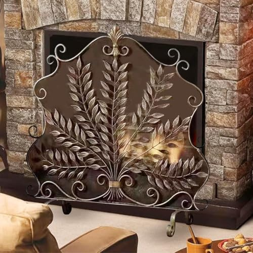 SHENJIA Fire Screen Iron Kaminkamin für Holzofen, antike goldene Fireguard mit Blattmuster, Vintage -Innenhöhle im Freien Outdoor Funkenschutz
