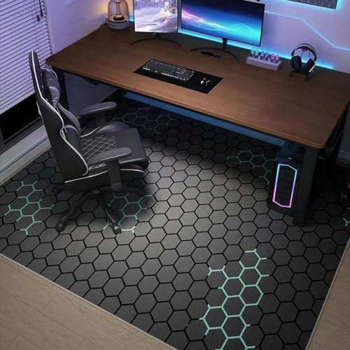 18meng Art Gamer Teppich 200 x 300 cm Schwarz Bürostuhl Unterlage Gaming Teppich Mit Neonfarbenem Wabenmuster Schlafzimmer rutschfeste Bodenmatte Für Jugendzimmer E-Sport Zimmer Sofa Carpet