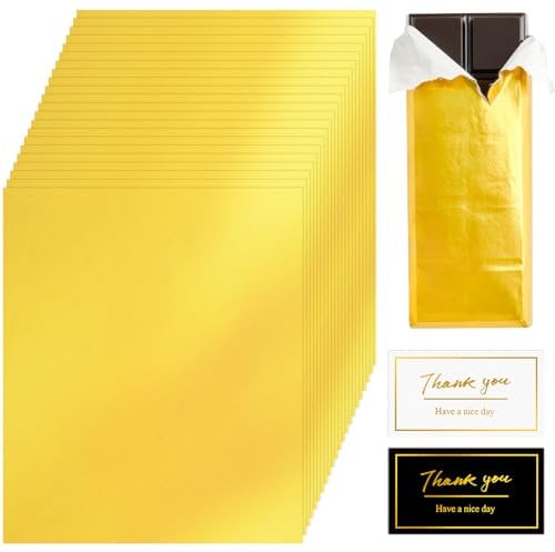 Yamobi 100 Stück Schokoladenverpackungen Gold Schokoladenpapier Zum Einpacken, 16x19cm Lebensmittelpapier Für Schokoladentafel Und Süßigkeiten Mit Dankeschön-Aufkleber
