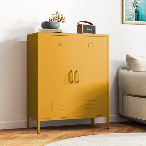 Kommode Optimierter Belüftung – Metall Sideboard mit Doppeltür, Metall Kommode verstellbaren Regalböden, stabil & langlebig, mit durchdachter Anleitung,Mehrzweckschrank (Maisgelb)