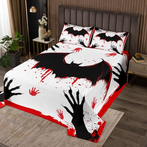 feelingyou Halloween Bettdecke für Kinder Jungen, Schwarze Fledermaus Fingerabdruck Gothic Style Coverlet Set Schlafzimmer Dekor, rote Blut Graffiti Krawatte Dye Quilt Set mit 1 Kissen Sham, S Größe