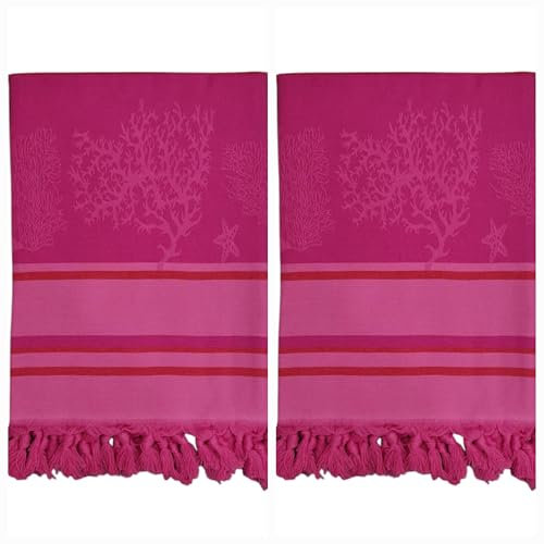 Telo mare, telo spiaggia, in Fouta 100% cotone, Motivo Coralli, stelle marine a righe, con frange, cotone alta qualità, assorbente, disponibile in varie tonalità, dimensione 90x170cm (2, Fucsia)