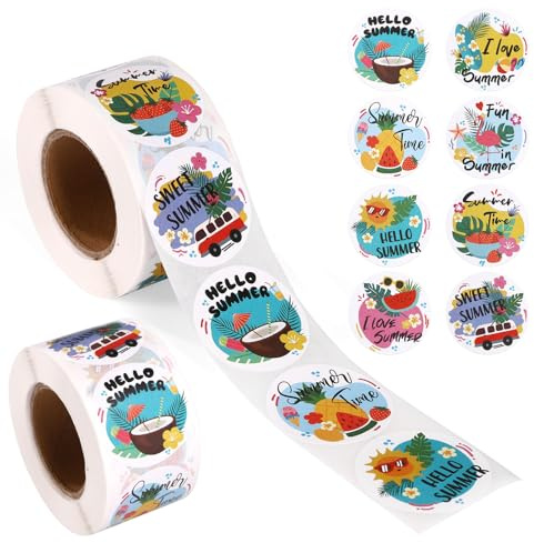 Tinoaly 1000stk/2 Rollen Sommer-Aufkleber, 38mm Hello Summer Strand-Themen-Aufkleberrolle Rund Wassermelone Kokosnuss Palmen-Aufkleber für Kinder Tropische Hawaii-Party-Dekoration Geschenkverpackung