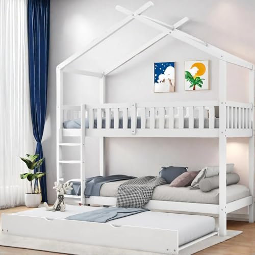 OOIILLEE lit superposé Enfant 90x200 cm avec lit gigogne 90x190, barrière de sécurité de 30 cm, La Forme cabane, aux Enfant, garçons et aux Filles, Lattes en Bois Massif, Blanc