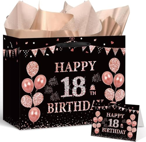 Black Rose Gold 18th Birthday Gift Bag with Greeting Card and Tissue Paper Rose Gold 18th Gift Wrap Bag for Eighteen Years Old Birthday Party Decorations Supplies