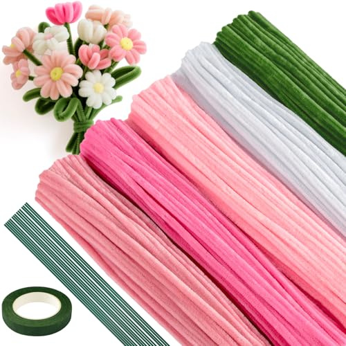 ASTARON 521 Stück Pfeifenreiniger Bastelset 5 Farben Pastell Chenille Stiele für Handwerk Pfeifenreiniger Blumen machen Kit mit Blumen Drähte, Gartenarbeit Band (Pink-Serie)