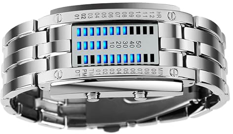 Brrnoo Reloj Binario Digital para Hombre Dirigido por la Luz de Fondo Azul con Movimiento de Cuarzo Japonés, Resistente Al Agua de hasta 50 Metros, Diseño de Reloj de Pulsera de Moda (Plata pequeño