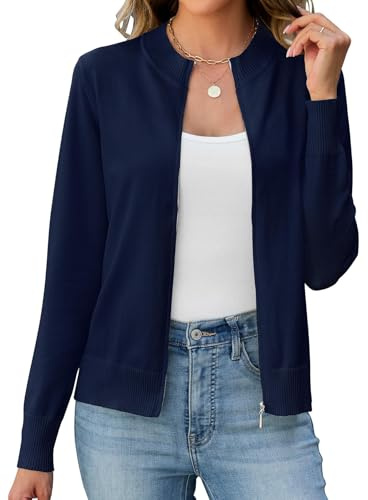 Enqoole Strickjacke Damen Kurz Langarm Reissverschluss Pullover Cardigan | Leichte Trachtenjacke mit Stehkragen, Baumwolle, Weiches Material, Eleganter & Vielseitiger, Geeignet für Büro und Freizeit