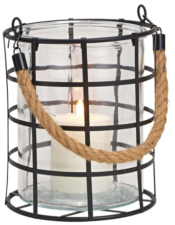 Laterne Windlicht mit Kordel Kerzenhalter Kerzenhalter Metall Glas schwarz Ø 16 cm
