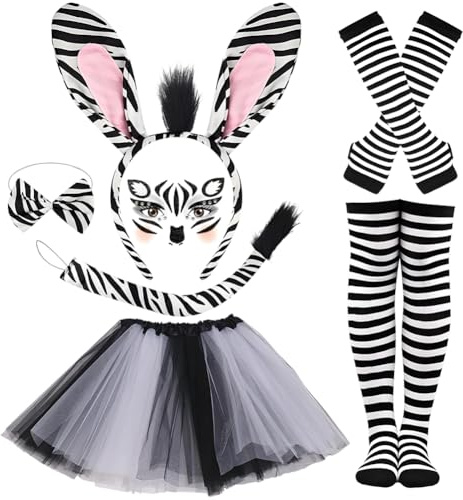 VorErgyllic Leopard/Cat/Zebra/Elephant/Frog/Tiger Costume Accessories Set, Ears Headband Tail Bow tie Tutu Skirt Face Sticker, Socks & Gloves for Girls Animal Carnival (Zebra)