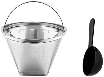 Wodsty Filtro de café de acero inoxidable tamaño 4 reutilizable para cafeteras de 6 a 10 tazas, filtro permanente de metal lavable BPA con cuchara de limpieza