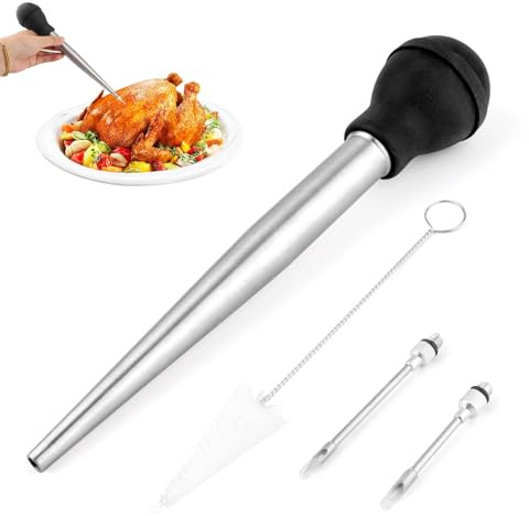 Nexlynk Stainless Steel Turkey Baster Commercial Grade Rubber Bulb | Marinade Injector Needle with Brush for Easy Clean Up Roasting Chicken Turkey BBQ Cooking Kitchen Tool