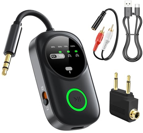 Bluetooth 5.4 Transmitter Receiver, 2-in-1 Wireless Bluetooth Adapter for 2 Bluetooth Headphones Simultaneously, Built-in Mic, 3.5mm Audio Plug for Airplane, TV, Car, PC, Gym, Home Stereo (Black)