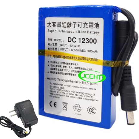 JCCHT DC 12V Li-Po Battery Pack 3000mAh Rechargeable Backup Battery for Bluetooth/CCTV Camera/Led Light Strip and More 12 Volts Electric Devices