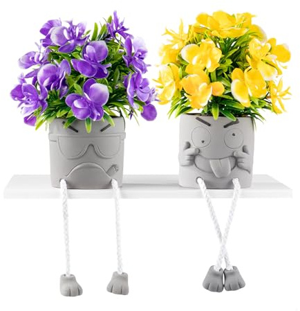 2 Pcs Cute Fake Plants with Hanging Legs, Funny Emoji Face Artificial Succulents in Cement Pots for Desk Decor, Small Faux Indoor Plants for Office Bathroom Shelf Bedroom