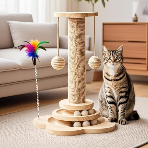 Arbre à Chat avec Pilier Griffoir en Sisal, 50cm Grattoir pour Chat d‘Intérieur – Meuble Économe en Espace à Montage Facile, Base Large et Stable pour Chaton (S)