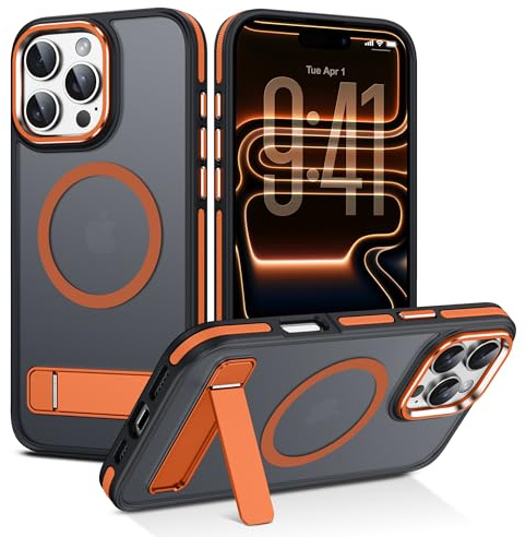 VENINGO for iPhone 16 Pro Max Case, Built-in Invisible Stand [Compatible with MagSafe] [Military-Grade Protection] Fingerprint-Proof Matte Translucent Slim Case with [Grippy Stripes], Orange
