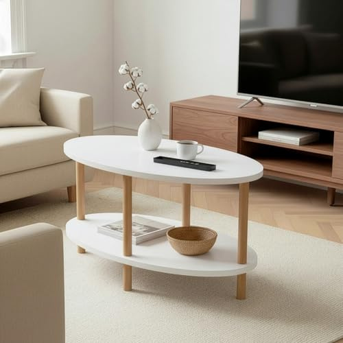 CARENZA HOME Beistelltisch Oval Weiß 2 Ablagen 70x44 cm Sofatisch Couchtisch Nachttisch Holzbeine Wohnzimmer Schlafzimmer Skandinavisch