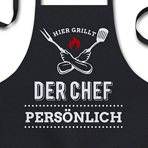 YORA Grillschürze für Männer Vatertagsgeschenk - Kochschürze lustig [inkl. Urkunde] - lustige Geschenke zum Vatertag - Geschenkideen Opa & Papa - Leute (Der Chef grillt)