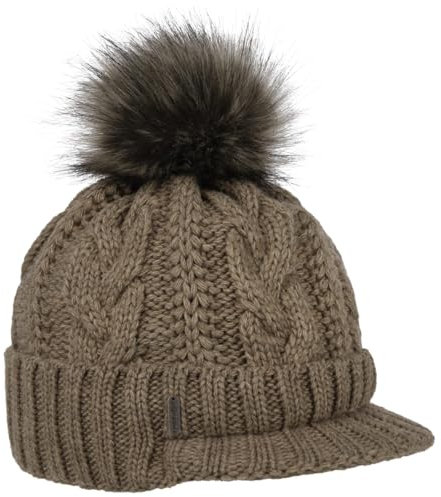 McBURN Britta Cable Knit Peak Pull On Mütze Bommelmütze Wintermütze Strickmütze Damen - Made in Italy mit Schirm, Futter, Futter Winter Herbst-Winter - One Size Camel