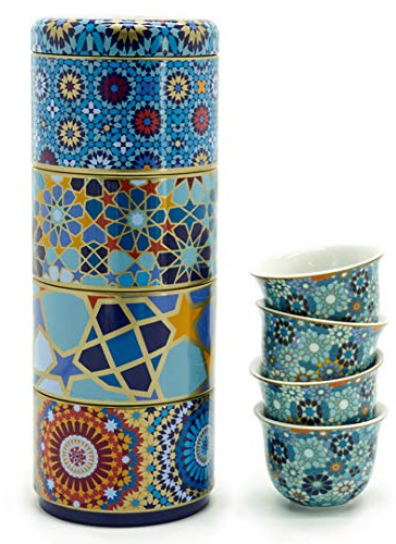 IMAGES D'ORIENT Geschenkset 2 in 1 Metalldosen mit 4x60 ml Porzellan Espressotassen Espressobecher Moccatassen in mediterranem, orientalischem Design