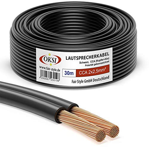 OKSI Lautsprecherkabel - 2x2,5mm² - 30 m, Schwarz | CCA (Kupfer+Alu) für HiFi, Anschluss von Audio-Stereo an Verstärker, Surround-Sound-System, TV-Heimkino und Autoradio