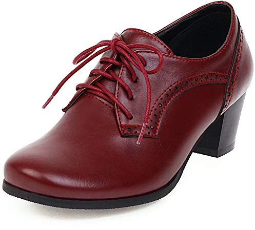 CYNLLIO Damen Vintage Wingtips Schnürschuh Oxfords Brogues Schuhe Mid Chunky Heels Pumps Perforierte Kleid Sattelschuhe, 4 Weinrot, 41 EU