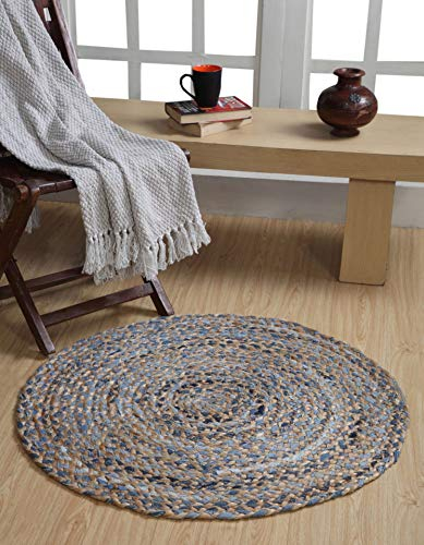 Second Nature Online Jeannie Kleiner geflochtener Jute- und Denim-Teppich, rund, 60 cm Durchmesser