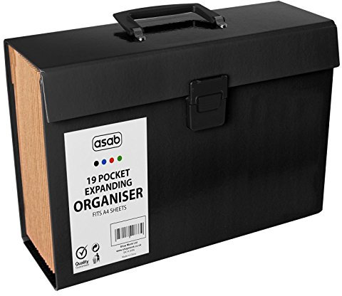 ALBERT AUSTIN Expanding File Organiser - Office Accessories Stationary Supplies, 19 Pockets Filing Boxes Document Organiser, File Folder, A4 Desk Folders Expander, Portable Files Storage Box (Black)