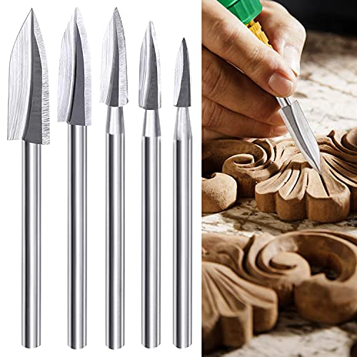 Outils Sculpture sur Bois 5 Pièces Wood Carving and Engraving Drill Bit Set pour Fraise à Bois Accessoires pour le Bricolage, la Gravure et le Perçage (Argent)