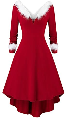 Costume di Natale da Donna in Velluto A Maniche Lunghe con Scollo A V Vestito da Natale da Donna Rosso Costume da Babbo Natale da Donna Elegante Abito da Festa Elegante Abito da Sera Babbo Natale