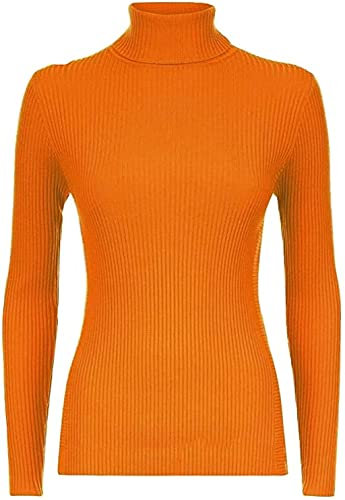 LUXE DIVA Women Ladies Ribbed Stretch Polo Turtle Neck Rib Top Jumper UK Size S/M-XXXL Orange