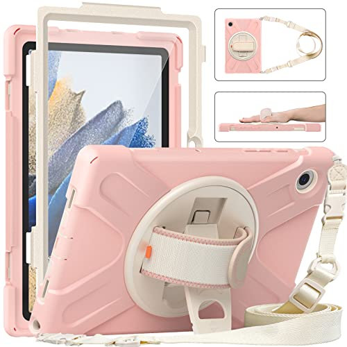 Bspring Funda Samsung Galaxy Tab A8 10.5 2021 (SM-X200/X205/X207), Carcasa Rugosa con Soporte Rotación, Correa de Mano/Hombro, Funda Infantil Antichoque para Samsung Tab A8 2021