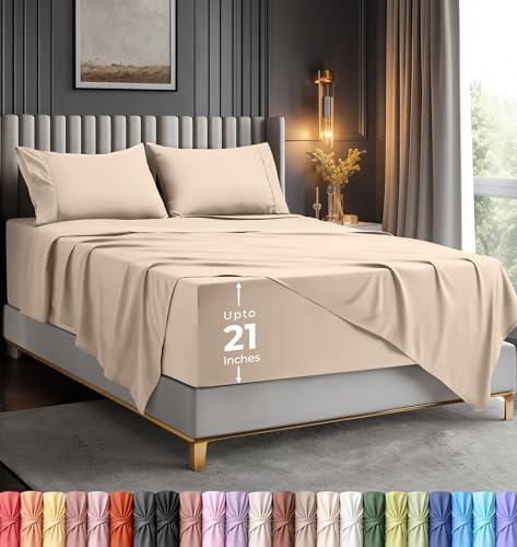Utopia Bedding Queen Sheet Set – Soft Microfiber 4 Piece Luxury Bed Sheets with Deep Pockets - Embroidered Pillow Cases - Side Storage Pocket Fitted Sheet - Flat Sheet (Beige)