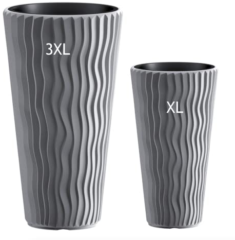 MELTOM Blumentopf mit vertikaler Wellenoptik herausnehmbarem Einsatz Hoch 3D Effekt in Grau SET2: 3XL+XL